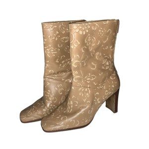 Greenwich Village Leather Heeled Boots Size 5.5 Tan Floral Mid Calf‎ Square Toe